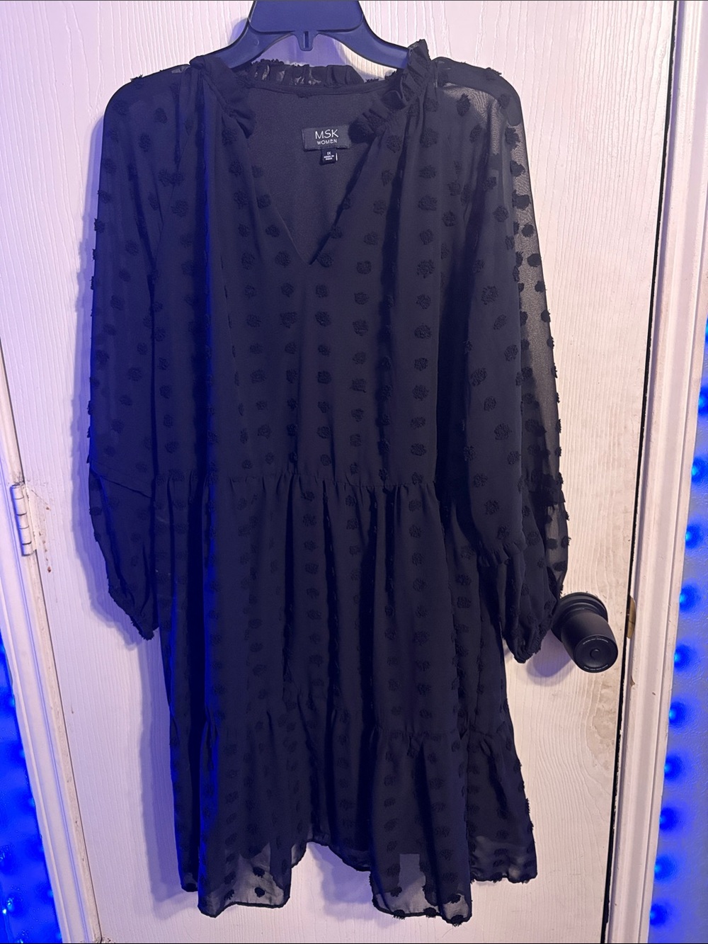 MSK Black Textured Swiss Dot Tiered V-Neck Dress